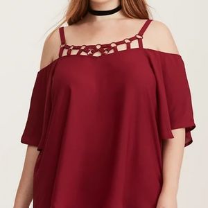 Torrid red cold shoulder o ring blouse